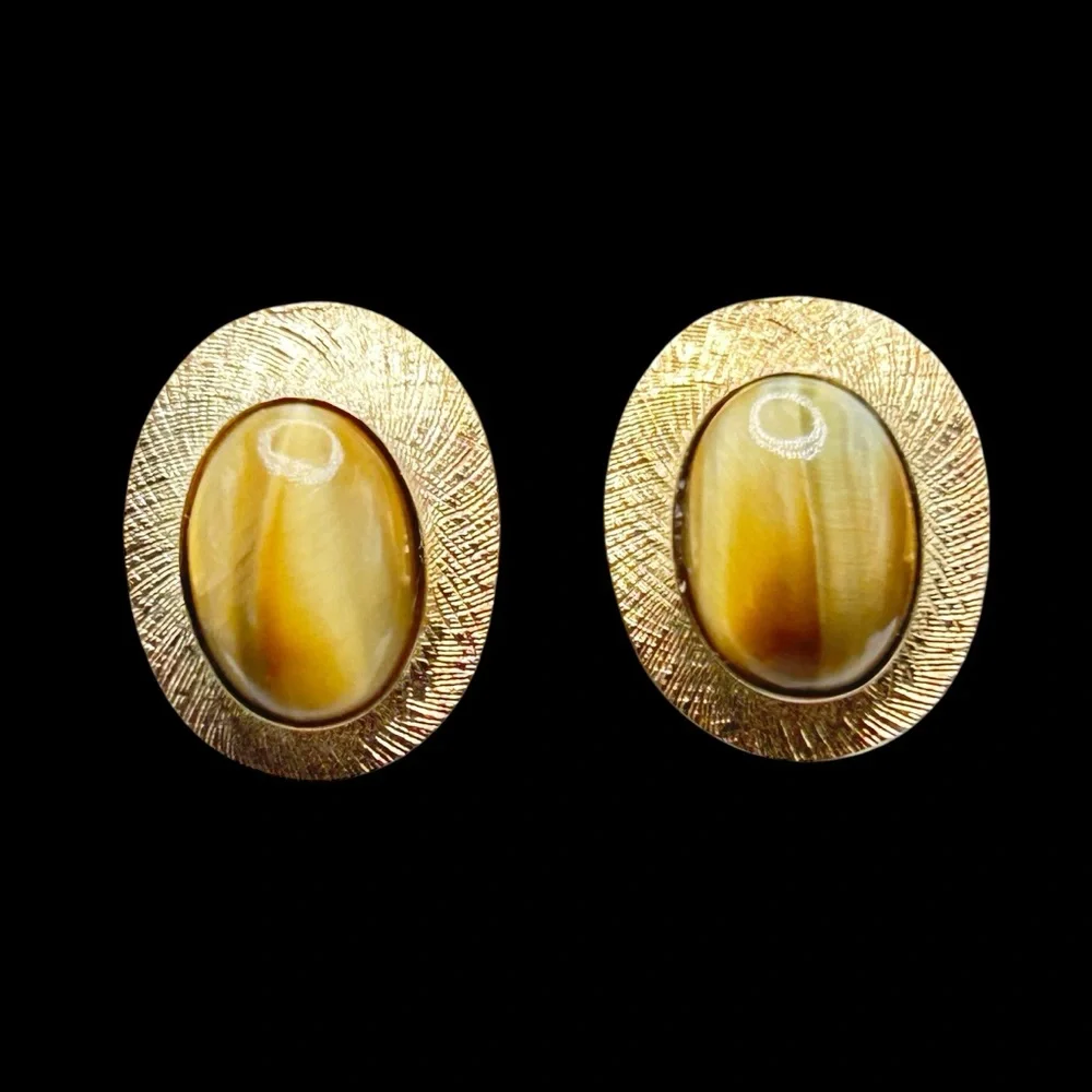 Sterling Vermeil Genuine Cats Eye Modernist Cuff Links Signed T2